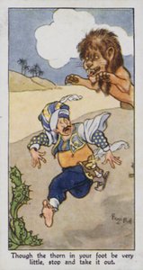 Östligt ordspråk: Även om taggen i din fot är väldigt liten, stanna upp och ta ut den (färg litho) av René Bull