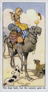 Hundarna skäller, men husvagnen fortsätter (färg litho)