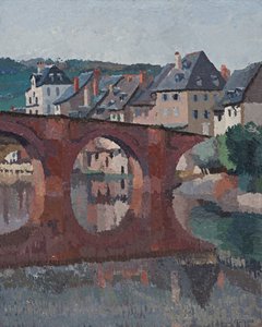Reflektion av bron på tomten vid Espalion, Aveyron