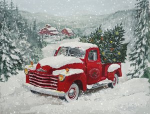 Snöig röd lastbil – jul
