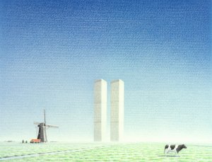 Twin Towers, 2001, teckning med färgpenna på papper
