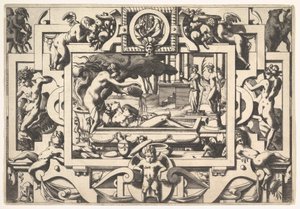 Medea häller en trolldryck över Jason King Aeson, både förfallen och vördnadsvärd, i ett kar hon..., 1563.