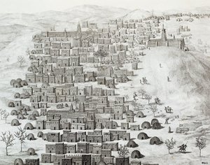 Utsikt över staden Timbuktu, Mali, gravyr från resor genom Centralafrika till Timbuctoo av Rene Caillie (1799-1838) mellan 1824 och 1828, Afrika av Rene Caillie
