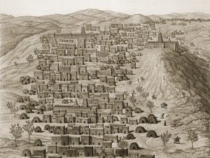 Vy över en del av staden Timbuktu från en kulle, illustration från Journal dun Voyage a Tombouctou et a Jenne, 1830 av Rene Caillie