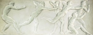En figurell panel av formgjuten glas som föreställer sex nakna manliga idrottare, av Rene Jules Lalique