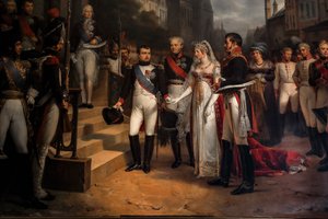 Napoléon tar emot drottningen av Preussen i Tilsitt av Rene Theodore Berthon