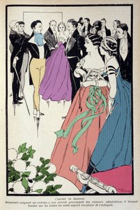 Representation av Beau Brummell (George Bryan Brummell) (1778-1840) under en världslig mottagning, födde han uttrycket "dandy" och spelade en viktig roll i herrmodet. Illustration av Rene Vincent (1879-1936).