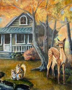 Hjortar och ekorrar på hösten av Renee Machan Cottagecore Artist