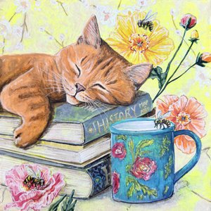 En sovande katt bland böckerna av Renee Machan Cottagecore Artist