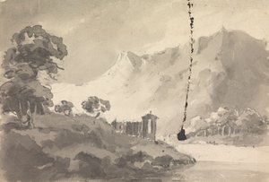 Landskap med slott, flod och berg