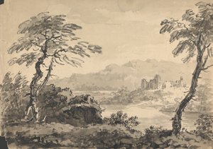 Landskap med två träd och slott av Rev. William Gilpin
