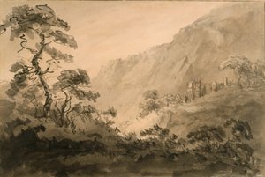 Bergigt landskap med ruin (penna, bläck och bläck tvättas över penna på benvitt papper förberett med sepiatvätt)