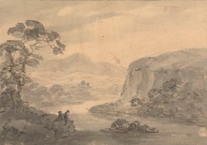 Bergigt landskap med två figurer med utsikt över en sjö av Rev. William Gilpin