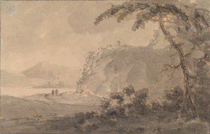 Två figurer på en väg vid en sjö av Rev. William Gilpin