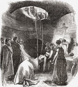En tidig kristen begravning i katakomberna i Rom, Italien. Ur Italian Pictures av Rev. Samuel Manning, publicerad ca 1890. av Reverend Samuel Manning