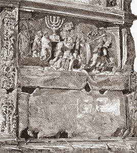 Basrelief av den södra panelen "Krigsbytet", som visar triumftåget, på Titusbågen, Via Sacra, Forum Romanum, Rom, Italien. Från Italian Pictures av Rev. Samuel Manning, publicerad ca 1890. av Reverend Samuel Manning