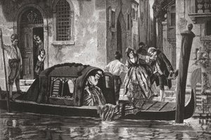 Passagerare stiger ur en gondol på Canal Grande i Venedig, Italien, i slutet av 1800-talet. Från Italian Pictures av Rev. Samuel Manning, publicerad ca 1890. av Reverend Samuel Manning