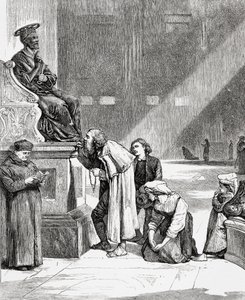 Människor kysser fötterna på statyn av Sankt Peter i Peterskyrkan, Vatikanstaten, Rom i slutet av 1800-talet. Från Italian Pictures av Rev. Samuel Manning, publicerad ca 1890.