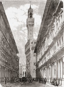 Uffizierna, Palazzo Vecchio och statyer på Piazza della Signoria, Florens, Italien i slutet av 1800-talet. Från Italian Pictures av Rev. Samuel Manning, publicerad ca 1890. av Reverend Samuel Manning