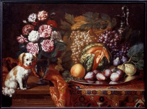 Stilleben med dvärgspaniel. Målning av Renaud Levieux sa Reynaud Le Vieux (ca 1625-1690)