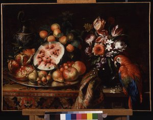 Stilleben med röd papegoja (och frukt). (olja på duk)