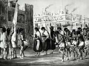 Buffalo Dance på Pueblo de Zuni, New Mexico, från "Rapport of an Expedition Down the Zuni and Colorado Rivers" av Sitgreave, pub. av Ackermann av Ricard Hovenden Kern