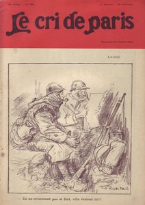Illustration av Ricardo Flores (1878-1918) för omslaget till Le Cri de Paris, 20/02/16 - La-bas "" De skulle inte skrika så högt om de var här.""" - War of 14 -18 , Press/Media, Soldatliv, Skyttegravar, Vardagsliv, Rökning, Jam, Gevär - Soldater, Civilia av Ricardo Flores