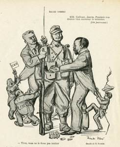 Illustration av Ricardo Flores (1878-1918) i Le Rire, 21/06/13 - Sales kidses - Armee, militärtjänst, socialism - Jaures Jean, Caillaux Joseph (1863-1944), Painleve Paul (1863-1933) av Ricardo Flores