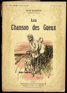 Gammal man och liten pojke, iklädda resknutar och skor insvepta i trasor, på en väg, illustration av Ricardo Flores (död 1918), för omslaget till samlingen texter och poesier med titeln "La chanson des gueux", av Jean Richepin (1849-1926), fransmännen av Ricardo Flores