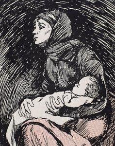 Julafton. 1900. En mager kvinna med sitt barn i famnen (gravyr) av Ricardo Maria Navarrete