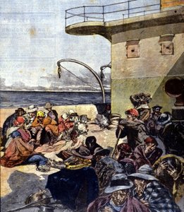 Italiensk emigration till Kanada; resan ombord på Lake Megantic gjordes under ganska svåra förhållanden. Ill. av R. Pellegrini. La Domenica del corriere. 02/06/1901. av Riccardo Pellegrini