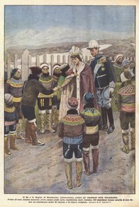 Kungen och drottningen av Danmark, Alexandrine, till de grönländska eskimåerna (färg litho) av Riccardo Salvadori