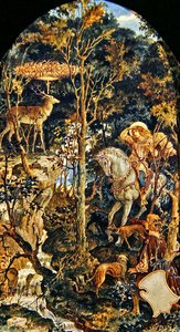 The Vision of St Eustache (penna, akvarell & guld på papper)