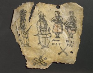 Människohud, tatuerad med figurer, troligen franska av John Pardon