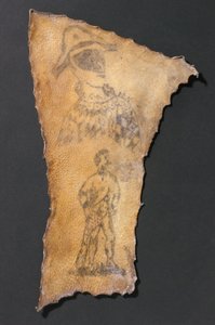 Människohud, tatuerad med harlekin och figur av Simson, fransk