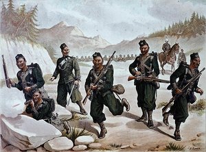 The 3rd Gurkhas Skirmishing, den anglo-indiska armén på 1880-talet (färg litho)