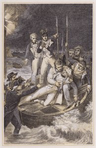 Nelson sköt genom armen (färgad gravyr)