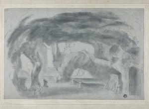 Interiör av en grotta (svart krita med stumpning, förhöjd med inslag av vit krita, på blått papper, nedlagt på kort) av Richard (attr.to) Wilson