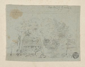 Skiss av träd nära bron (kol & grafit på blått papper, tippat på krämvävt papper) av Richard (attr.to) Wilson