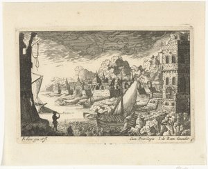 Stadsbild med fiskehamn och förtöjningsbåt Stadslandskap och hamnar (serietitel) av Richard Adam