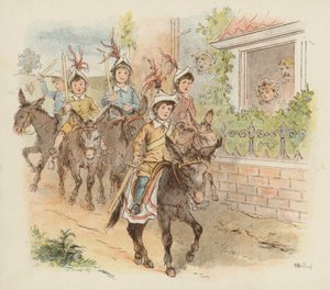 Barn på åsnor iväg för att leka krig (färg litho)