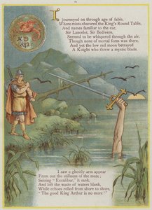 Sida från Upstream av Richard Andre, King Arthur och Excalibur (färg litho) av Richard Andre