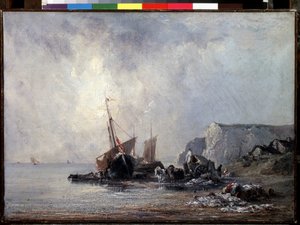 ""Boats on the Normandy Shore"" (Boats at the Normandy Shore) Målning av Richard Parkes Bonington (1802-1828) 1823-1824 Mått 33x46 cm Sankt Petersburg, Hermitagemuseet