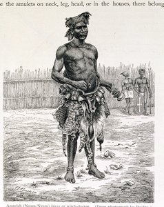 Azandeh (Nyam-Nyam) Binsa eller Witch Doctor, graverad av Jahrmargt, från "The History of Mankind" av Prof. Friedrich Ratzel, pub. 1904 (gravyr)
