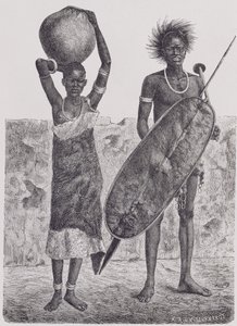 Shillook-krigare och flicka, graverad av Jahrmargt, ur "The History of Mankind", Vol.III, av professor Friedrich Ratzel, 1898.