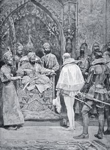 Akbar den store tar emot drottning Elizabeths ambassadör 1599 (litho)