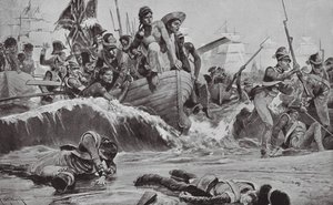 De brittiska trupperna tvingar fram en landstigning i Aboukir Bay inför de franska batterierna (litografi) av Richard Caton II (after) Woodville