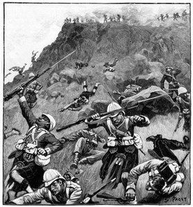 92:a Gordon Highlanders på reträtt, slaget vid Majuba Hill, 1:a boerkriget, 26-27 februari 1881