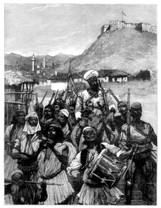 Albaner från Scutari korsar Boyana för att ockupera Dulcigno, 1880.