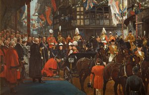 Queen Victoria Knighting Herbert Ashman, Esq., First Lord Mayor of Bristol, i Council House, 12 november av Richard Caton II Woodville